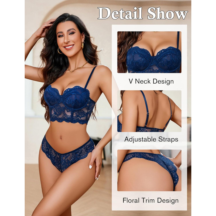 Avidlove Комплект спідньої білизни для жінок: бюстгальтер з кісточками, мереживна пікантна білизна, babydoll, нічна сукня, чорний (M, блакитний)