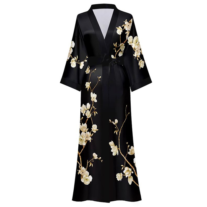 Чоловічий халат з довгим атласним кімоно, квітка, шовковий халат, халат для нареченої, халат для дівчат (універсальний розмір, чорний - магнолія)
