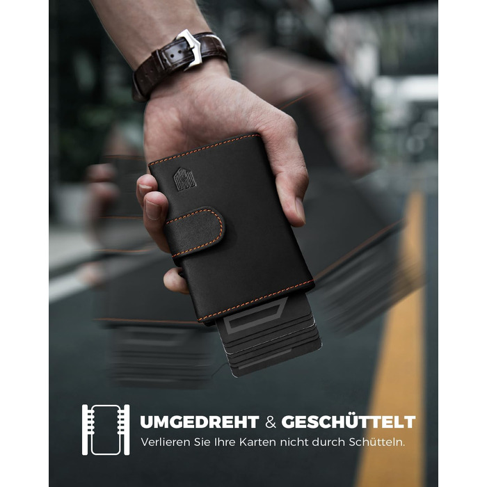Чоловічий гаманець-картхолдер DODENSHA з RFID-захистом, автоматичним pop-up механізмом, відділенням для монет та вікном для ID (чорний з помаранчевим)