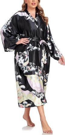 Кимоно халат для жінок, великі розміри, сатин, квітковий принт, чорний, XL