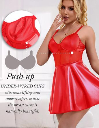 Комплект нічної сорочки та трусиків Babydoll з мереживом і екошкірою, червоний, великі розміри