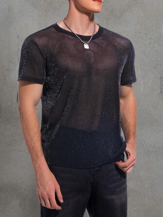 Чоловіча футболка Hawiland з блискітками, сітка, мереживо - для вечірок, клубів, рейв-вечірок. Чорний колір, розмір S