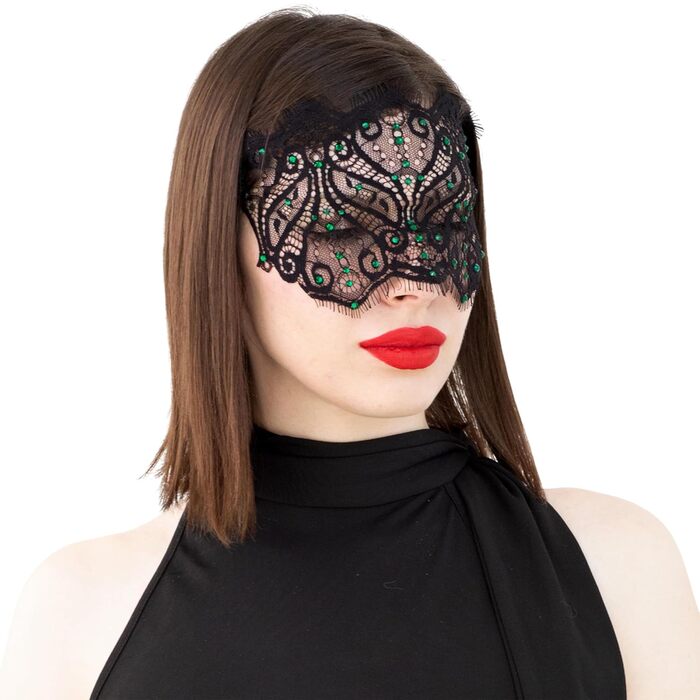 Чорна мереживна маска для жінок з кристалами - елегантна венеціанська маска для карнавалу, вечірки в готичному стилі, косплею, свята - ручної роботи (чорний колір, зелені стрази)