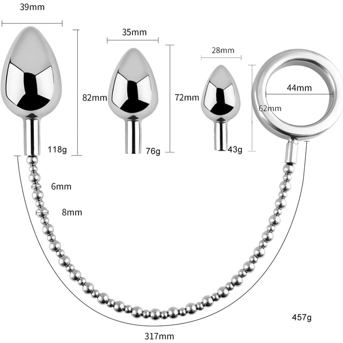 Набір металевих анальних розширювачів Amazbee: 3 шт. (анальний плагін, кільце для пениса, ланцюжок) з нержавіючої сталі, гладкий та спіральний, для чоловіків, жінок, пар, BDSM іграшки