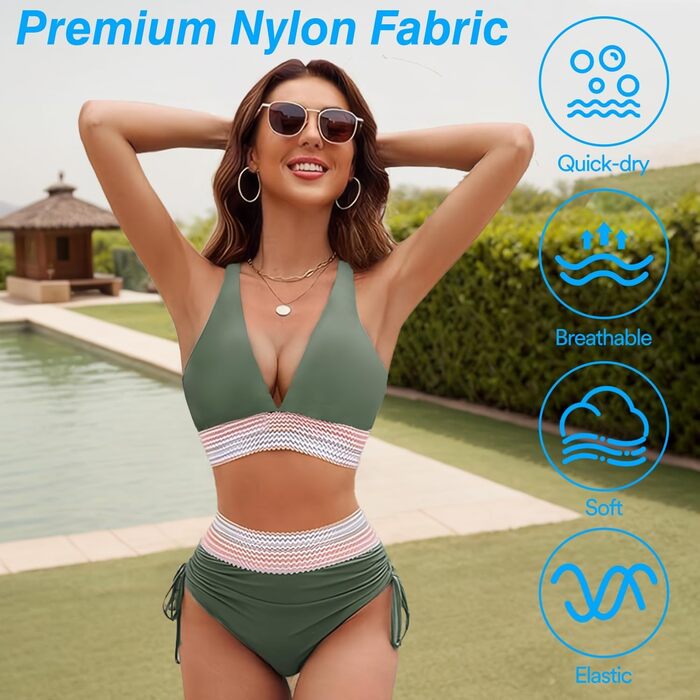 Бікіні Daen Set з високою талією, Push Up, контроль живота, регульовані бретелі, 2 шт. для пляжу, басейну, відпочинку (4XL, Зелений)