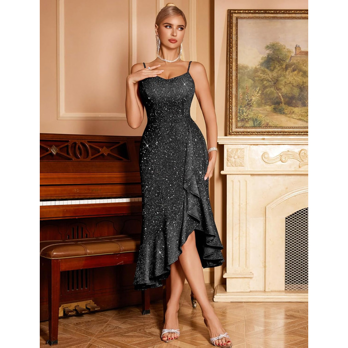 Сукня коктейльна DRESSTELLS для вечірки, весілля, святкування. Чорна, з блискітками, на тонких бретелях, довжина до коліна. Елегантна, для святкових заходів. Розмір L