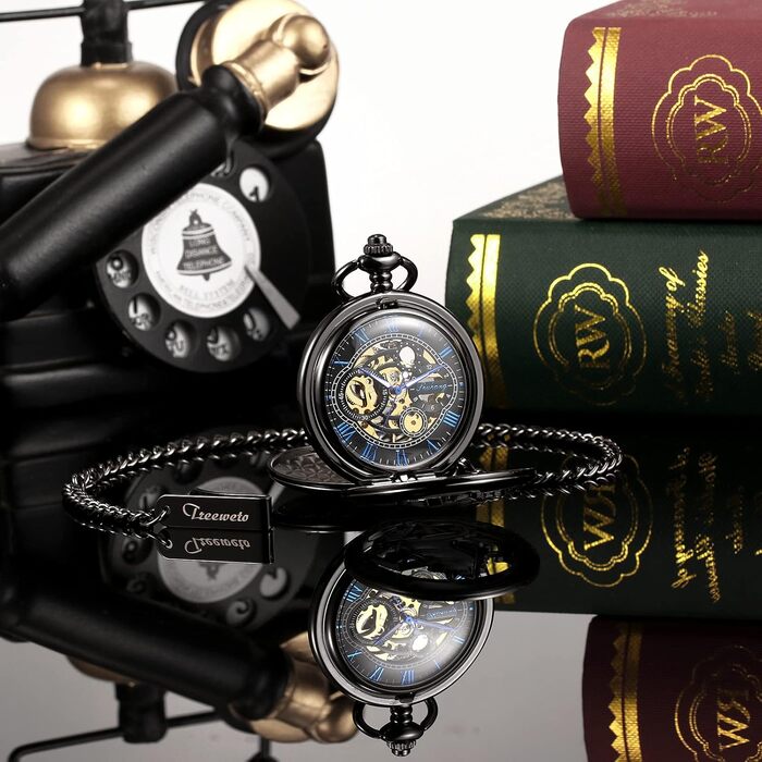Механічний кишеньковий годинник TREEWETO Fullmetal Alchemist Steampunk Skeleton з подвійним кришкою та ланцюжком, чорний