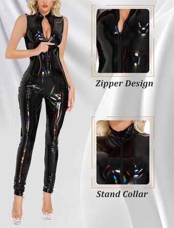 Комбінезон Adigau з ефектом вологого блиску з PU шкіри, латексний костюм, сексуальний образ, з блискавкою спереду, для вечірок та свят
