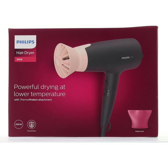 Фен для волосся Philips Series 3000 BHD350/10 з функцією іонізації та ThermoProtect, 2100 Вт, 6 режимів температури та швидкості, чорний