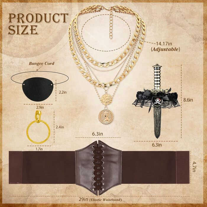 Костюм пірата для хлопчика: корсет у стилі Ренесансу, спідниця стимпанк, топ, аксесуари пірата, повний комплект для Хелловіну (M, Коричневий)