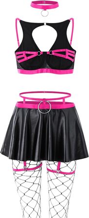 Комплект сексуальної білизни: панчохи, чокер, галстук-стріжку, бюстгальтер з кісточковою підтримкою, спідниця - 5 предметів. Чорний/Гарячий рожевий