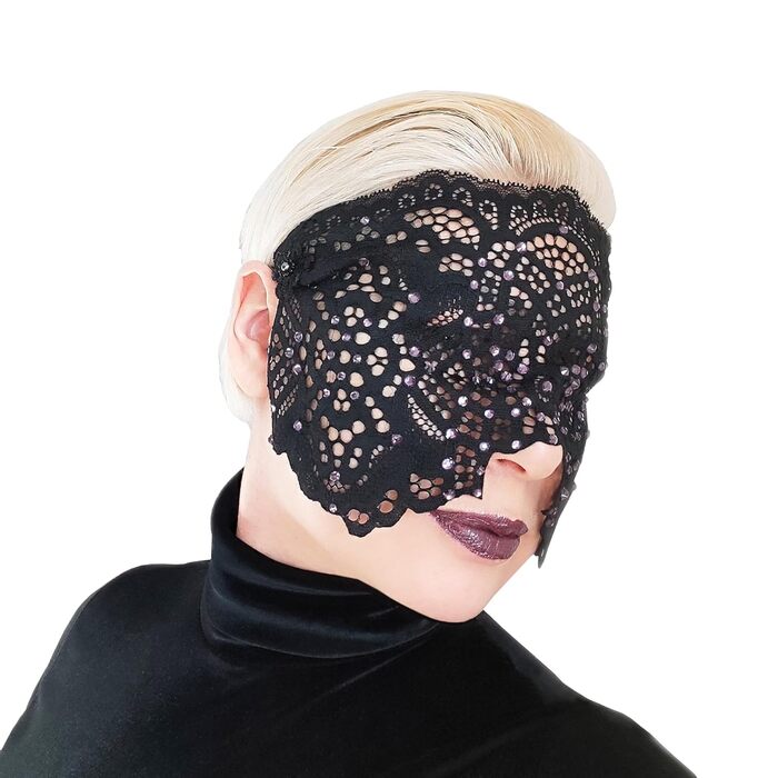 Ручна вишита мереживна маска на обличчя з камінням для жінок, чорна маска для маскараду, балу, карнавалу, весілля, бурлеску, косплею, Марді Гра (чорний колір з фіолетовим камінням)