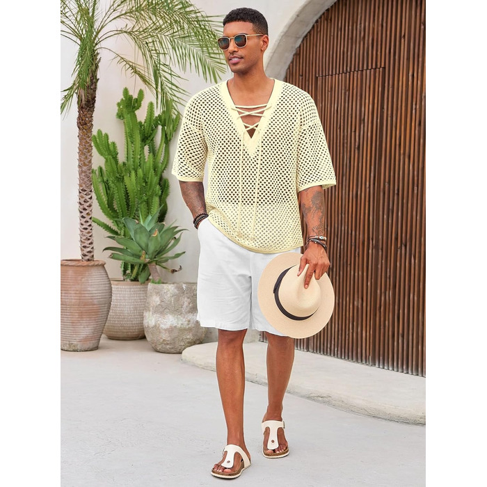 Чоловіча пляжна сорочка Runcati з шнурівкою, V-подібний виріз, в'язана, мереживна, прозора, літня (Бежевий, M)