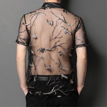 Чоловіча сорочка Deepsko з вишивкою, прозора нижня частина, літня сітка, сексуальний короткий рукав, чорний, XL