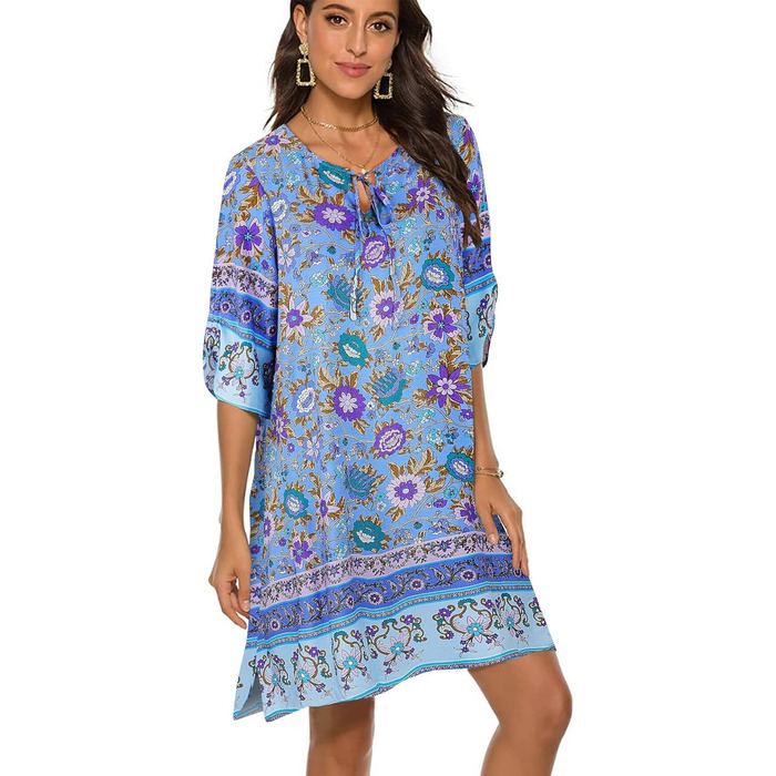 Сукня-туніка BDTECAOR Vintage Ethnostil блакитна бохо V-подібний виріз 3/4 рукав пляжна сукня зелений колір (M, Peri)