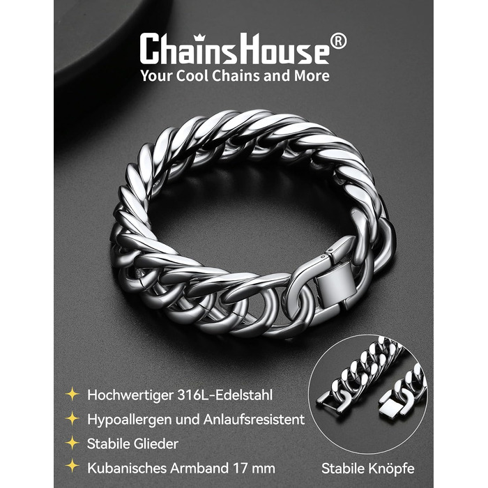 Чоловічий сталевий браслет-ланцюг Panzer від ChainsHouse, сріблястий, ширина 17 мм, довжина 19 см, у подарунковій коробці
