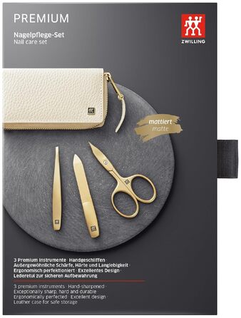 Манікюрний набір ZWILLING Premium Gold Edition (3 предмети) у шкіряному чохлі, дорожній набір для догляду за нігтями