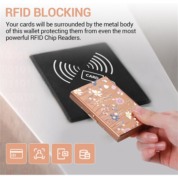 Ультратонкий металевий картхолдер з RFID-захистом від скіммінгу, гаманець для кредитних карток на 6 слотів, колір Rosegold з квітковим принтом, унісекс