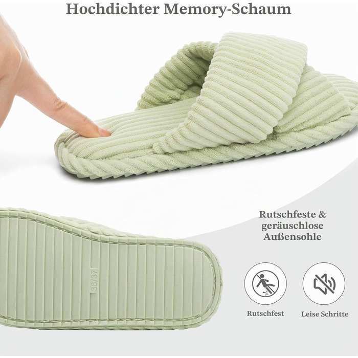 Жіночі домашні капці GOEWY з ефектом пам'яті (Memory Foam), тканинні шльопанці з відкритим носком та бантом, протиковзка підошва, колір зелений, розмір 38/39 EU
