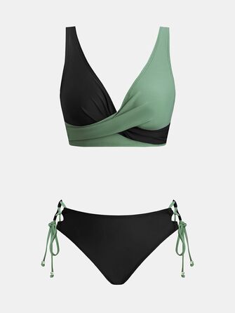 CUPSHE БІКІНІ Сет Плетінка Бумеранг ow Rise Шнурівка Купальник Двочастинний, Лимонний (L, Чорний/Темно-зелений)