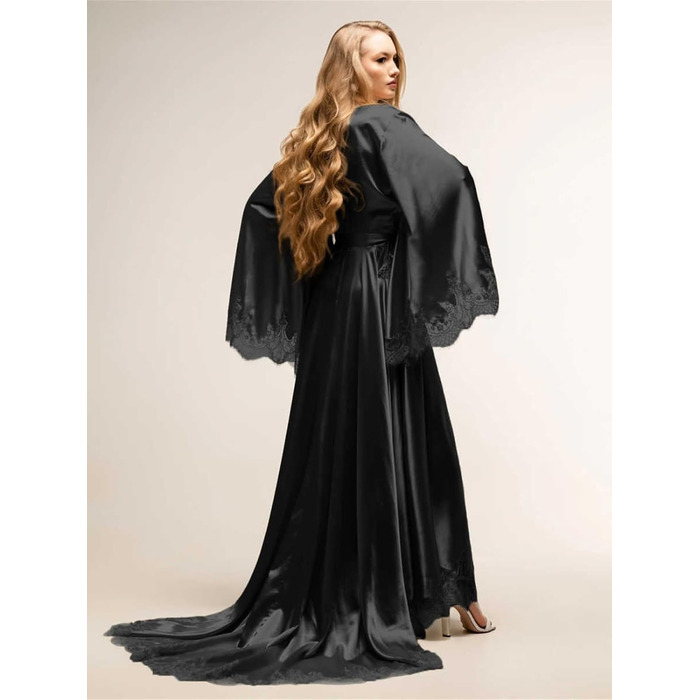 Чорний халат з атласу з мереживом XL для весілля та вечірки, Kimono, довгі рукави