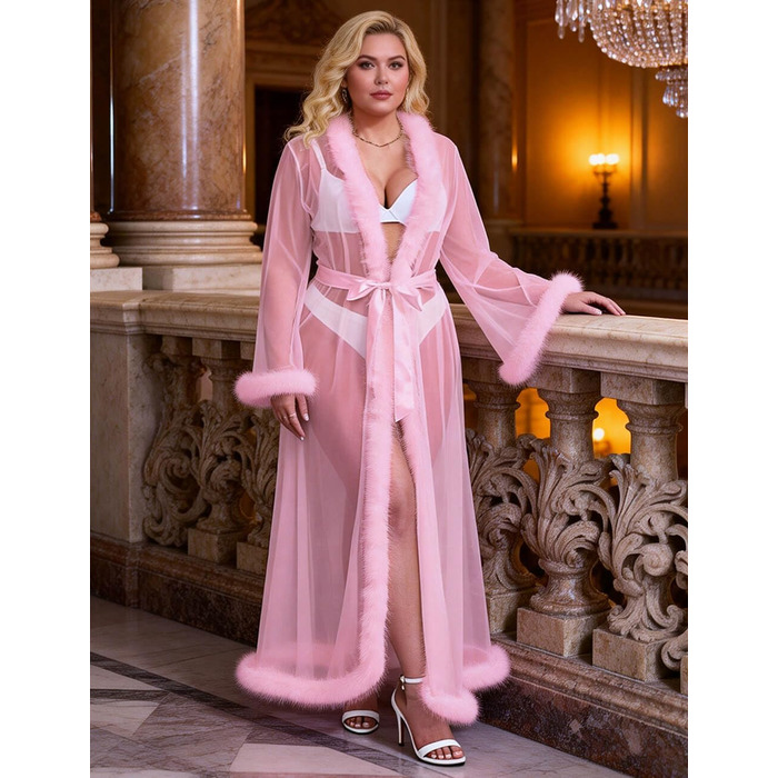 Жіночий халат Ohyeahlady Morgenmantel: сексуальний кімоно з тюлю та штучного хутра, довгий, прозорий, мереживний, для дому, великі розміри, XS-S, рожевий