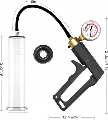 Вакуумний насос для збільшення пеніса з манометром та 7 кільцями. Мануальна помпа для чоловіків, 5.7 см