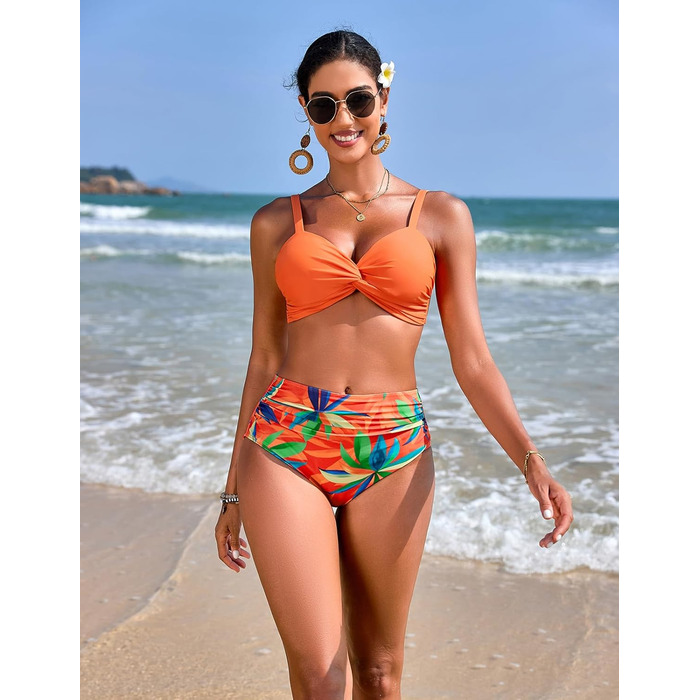 БІКІНІ ЖІНОЧИЙ СЕКСИ: комплект з високою талією, push-up, з V-подібним вирізом, двокомпонентний, для плавання та відпочинку (Оранжевий принт, розмір S)