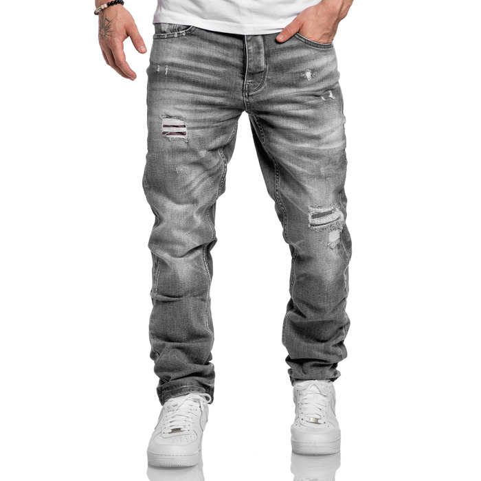 Чоловічі джинси Amaci&Sons Regular Straight Fit з ефектом Destroyed, сірі (Patches), розмір 38W/32L