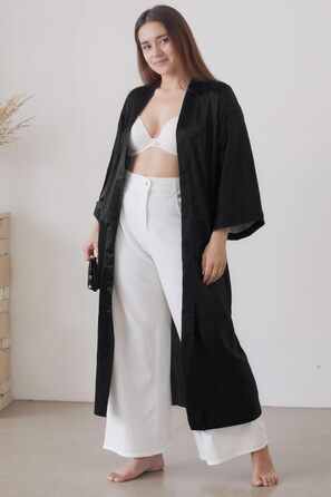 Шовковий халат-кімоно PRODESIGN для жінок, довгий, з поясом, однотонний, чорний. Легкий халат для дому та сну.