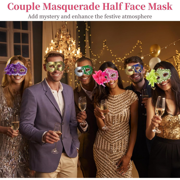 Набір масок для карнавалу 32 шт. з пір'ям та стразами, напівмаски для святкування, з стрічками
