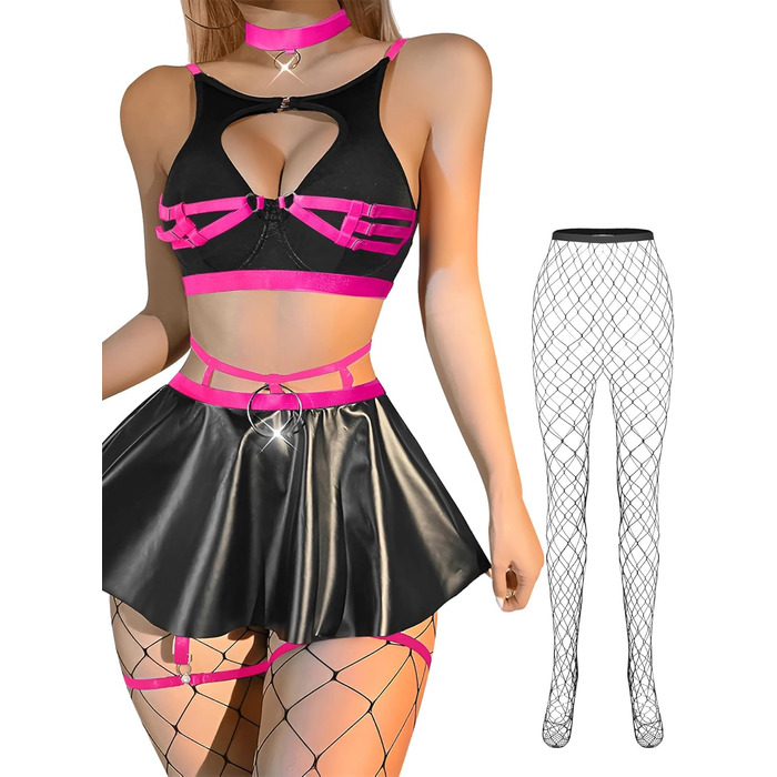 Комплект сексуальної білизни: панчохи, чокер, галстук-стріжку, бюстгальтер з кісточковою підтримкою, спідниця - 5 предметів. Чорний/Гарячий рожевий