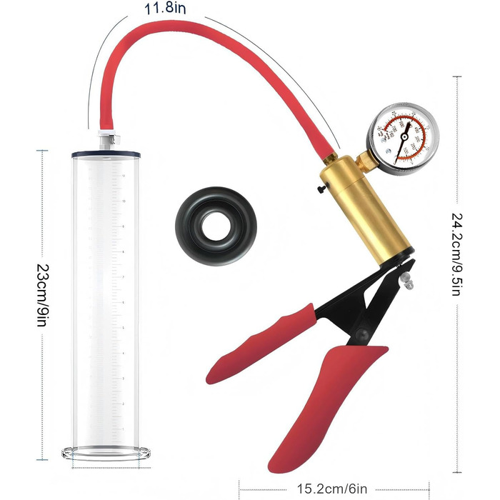 Пумпа для збільшення пеніса: ручна вакуумна помпа з манометром та 6 кільцями, для чоловіків