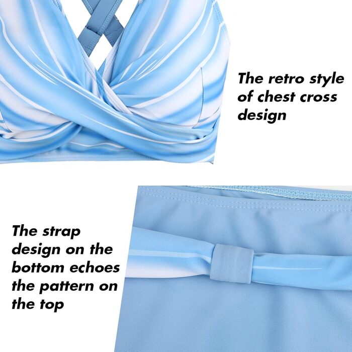 Двочастинний купальник Adigaber з V-подібним вирізом, перехресним візерунком, контроль живота, комплект (3XL, синьо-білий у смужку)