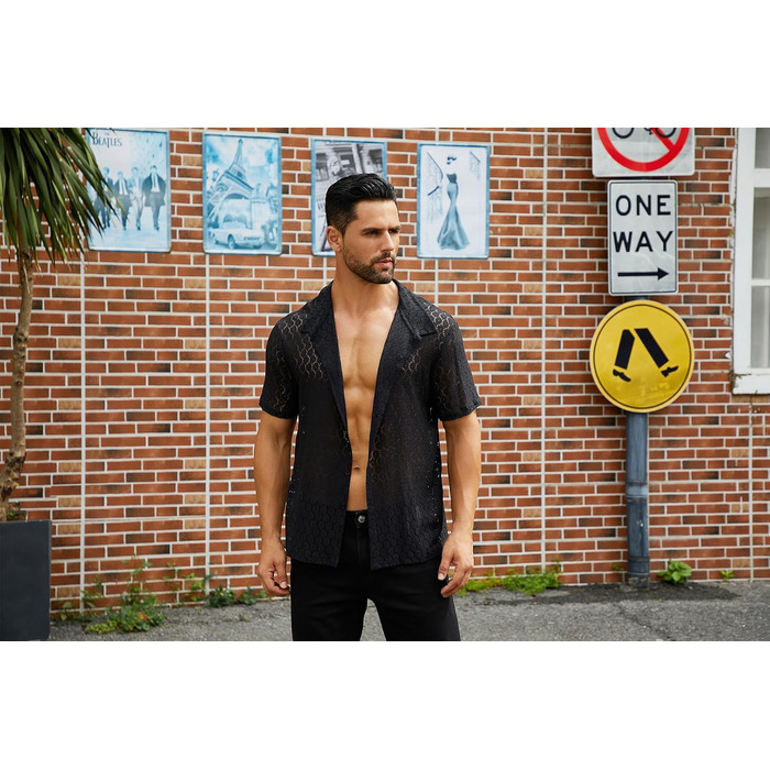 Чоловіча мереживна сорочка ABEHIK, чорна, з короткими рукавами, для вечірок та клубів