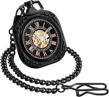 Механічний кишеньковий годинник ShoppeWatch з ланцюжком для чоловіків, ручний завод, прозорий циферблат у стилі стімпанк, чорний