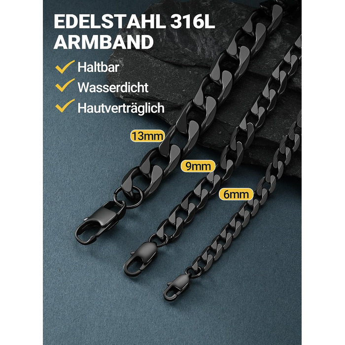 Сталевий браслет-ланцюг PROSTEEL для чоловіків та жінок, панцирний плетений браслет із нержавіючої сталі, чорний, 23 см, ширина 6 мм