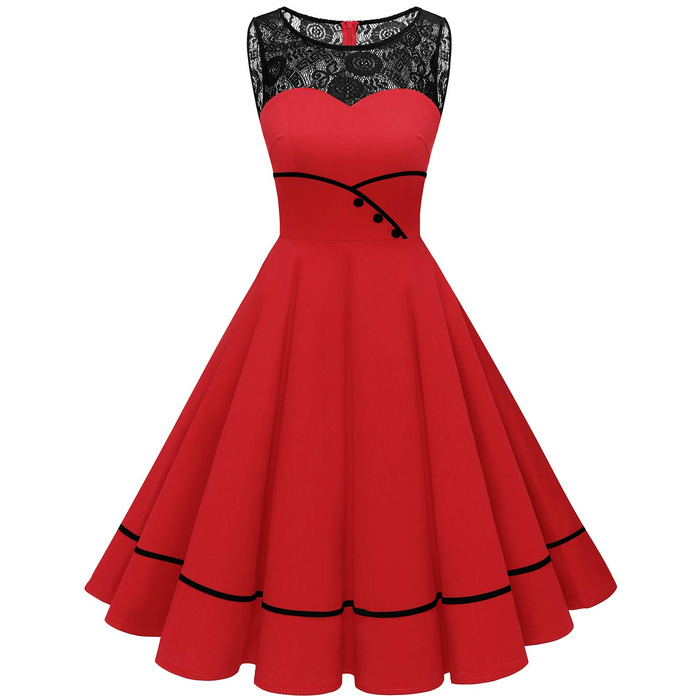 Сукня коктейльна жіноча Bbonlinedress Rockabilly червона, 50-ті, мереживна, з фалдами, без рукавів, з круглим вирізом, розмір XL