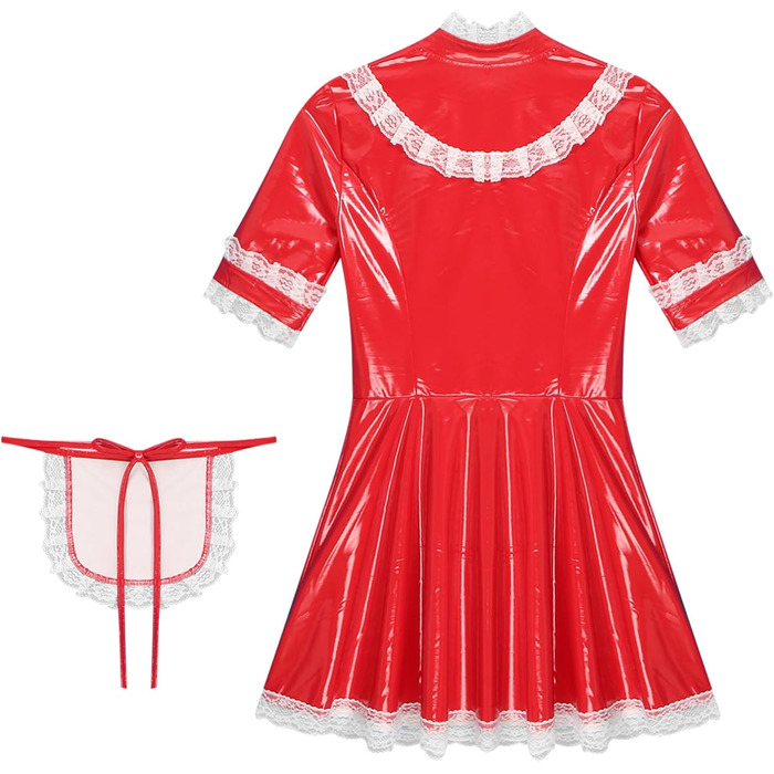 Костюм горничної FEESHOW з вологого блиску, сукня та фартух, французький костюм служниці, карнавальний костюм, костюм для вечірки (XXL, Червоний)