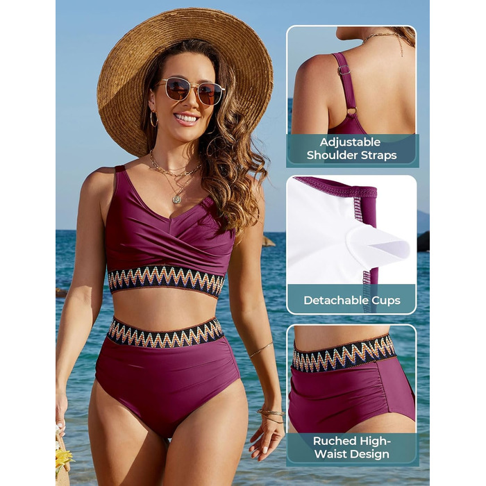 БІКІНІ жіночий комплект з високою талією, купальник з животом, двочастинний сексуальний V-подібний виріз, пуш-ап бікіні, кольоровий смугастий, великі розміри, бікіні для пляжу (пурпурно-червоний, L)