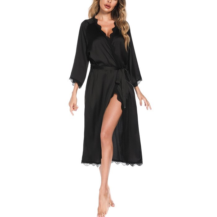 Шовковий халат Aranmei для жінок: довгий, з V-подібним вирізом, 3/4 рукава, нічний халат, халат для сну, кімоно, чорний, з мереживом