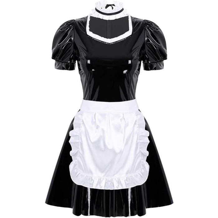 Костюм горничної з мереживом для дорослих: сексуальна клубна сукня з мереживом, шкіра, A-силует, чорний, з шортиками та головним убором