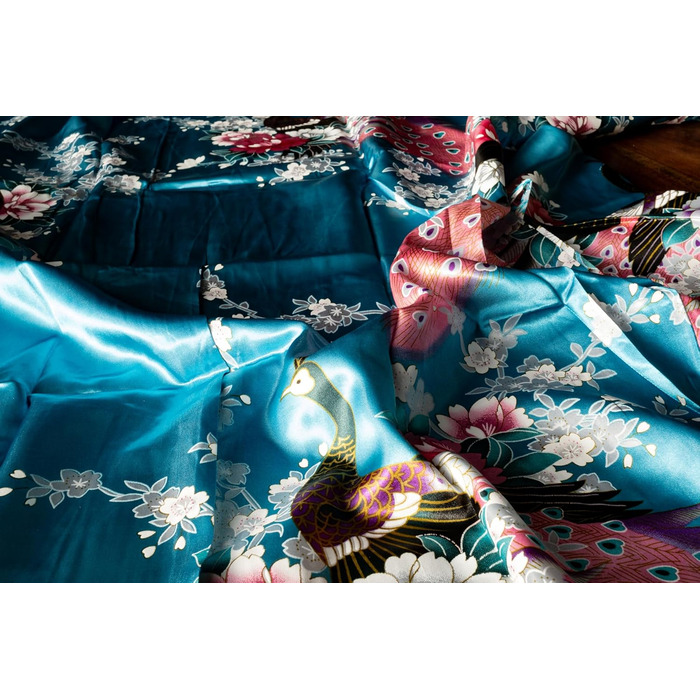 Халат жіночий CCcollections з сатину з принтом павича, V-подібний виріз, 3/4 рукав, універсальний розмір, блакитно-бірюзовий