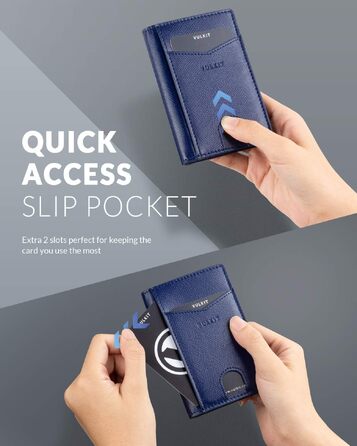 Чоловічий шкіряний картхолдер VULKIT з RFID/NFC захистом, тонка гаманець-портмоне на 10 карток, темно-синій