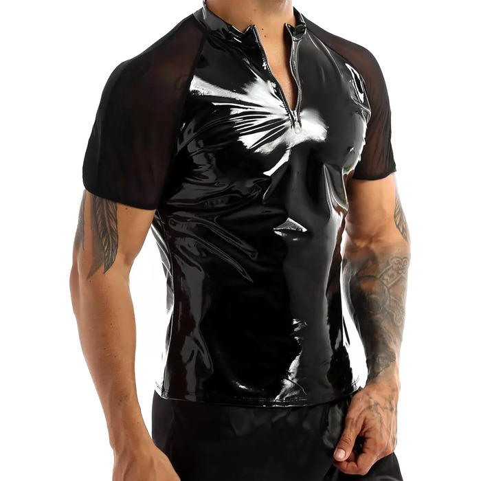 Чоловіча сорочка з лакованої шкіри, Wetlook, коротка, чорна - AIEOE