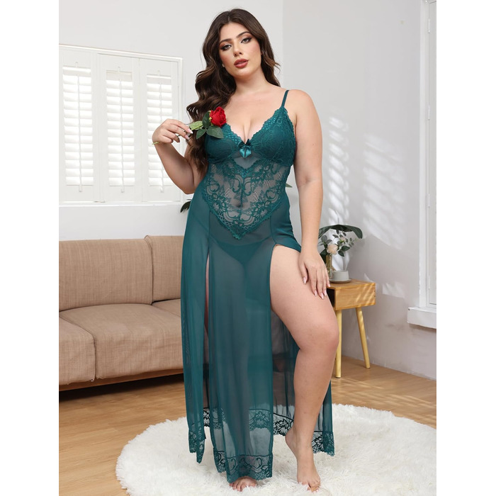 Ідеальний мереживний нігтьний халат IBAKOM Dessous з V-подібним вирізом для жінок, великі розміри (XL, Зелений)