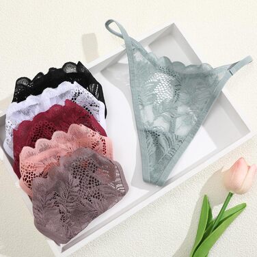 Сексуальні жіночі трусики-танга ALL OF ME (6 шт.) з мережива, кольори: білий, чорний, фісташковий, сіро-блакитний, рожевий, хакі, розміри S-XL