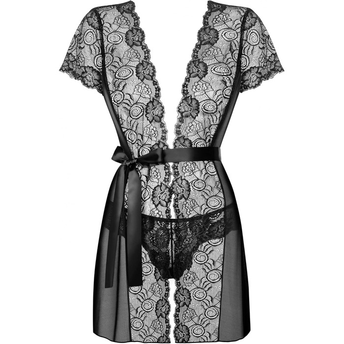 Сексуальний жіночий комплект білизни Selente Love & Fun: халат, танга/ніжна сорочка та шовкова маска для очей, чорний з квітковою мереживом (L-XL), Made in EU