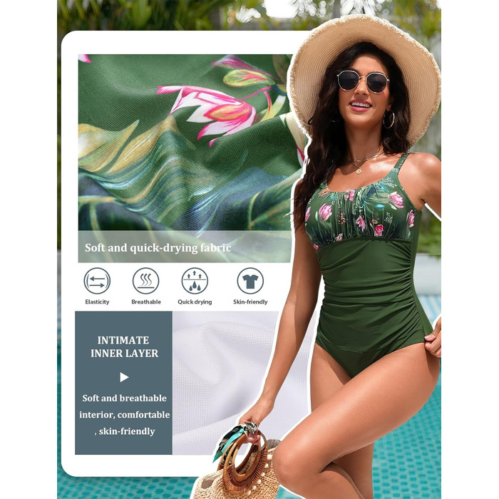 Купальник Vancavoo з пуш-ап та підтримкою живота, одноцільний, відкритий, з рюшами, пляжний, XXL, зелений з принтом