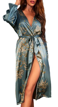 Халат жіночий шовковий сатиновий FEOYA, халат для дому, вечірній, весільний, зелений, розмір L